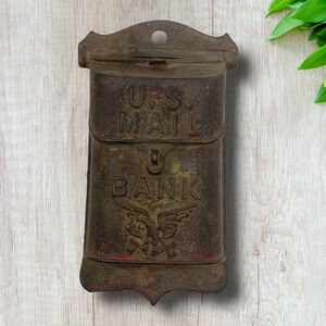 Antique Cast Iron U.S. Mail Mailbox Coin Bank Eagle Wall Hanging Original Paint
